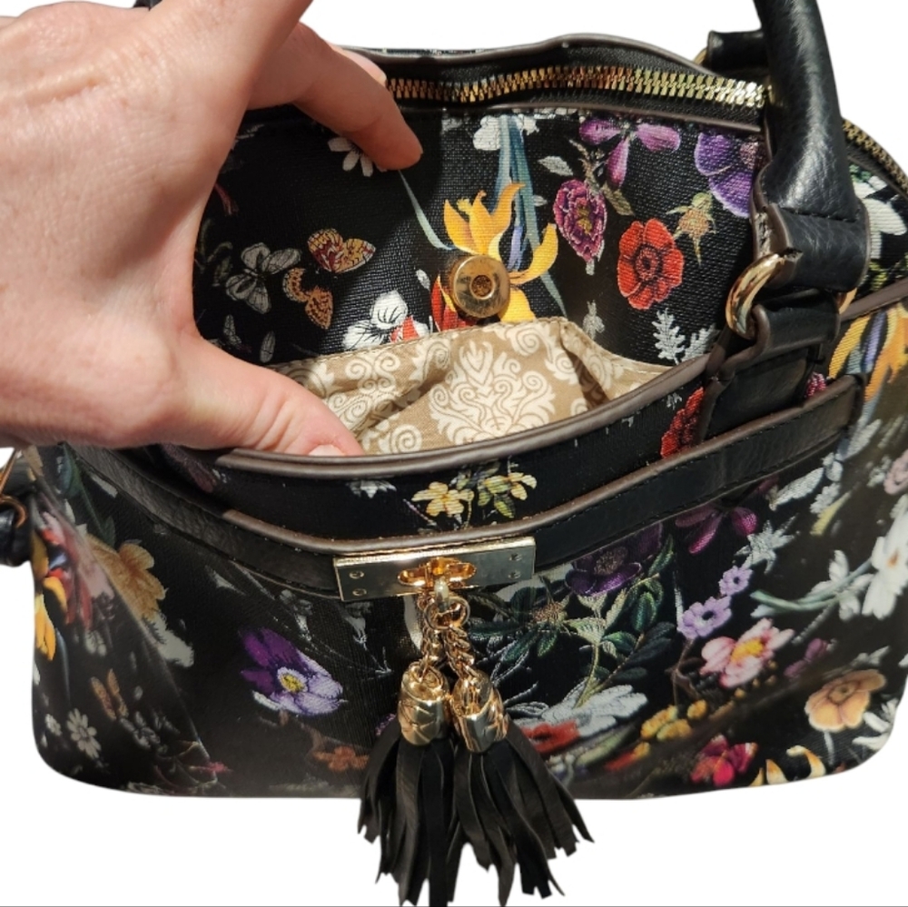 Black Floral Satchel with Tassel Accents - Picture 4 of 5